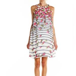 Betsey Johnson Relaxed Fit Shift Mini Dress Pink Floral Blue Striped Size 4 SALE